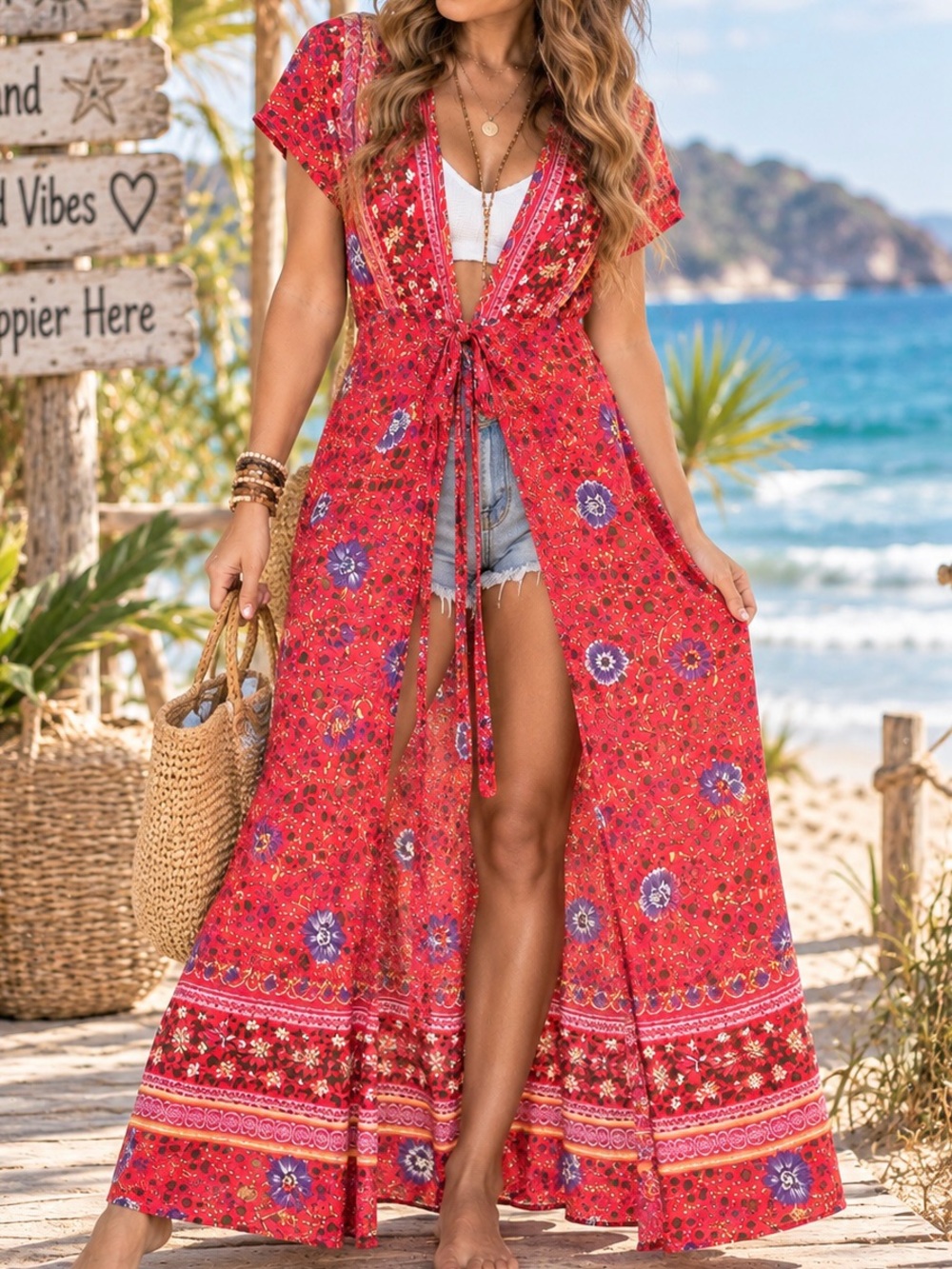 Red Floral Boho Cotton Maxi Dress Open Front Tie Waist Size S